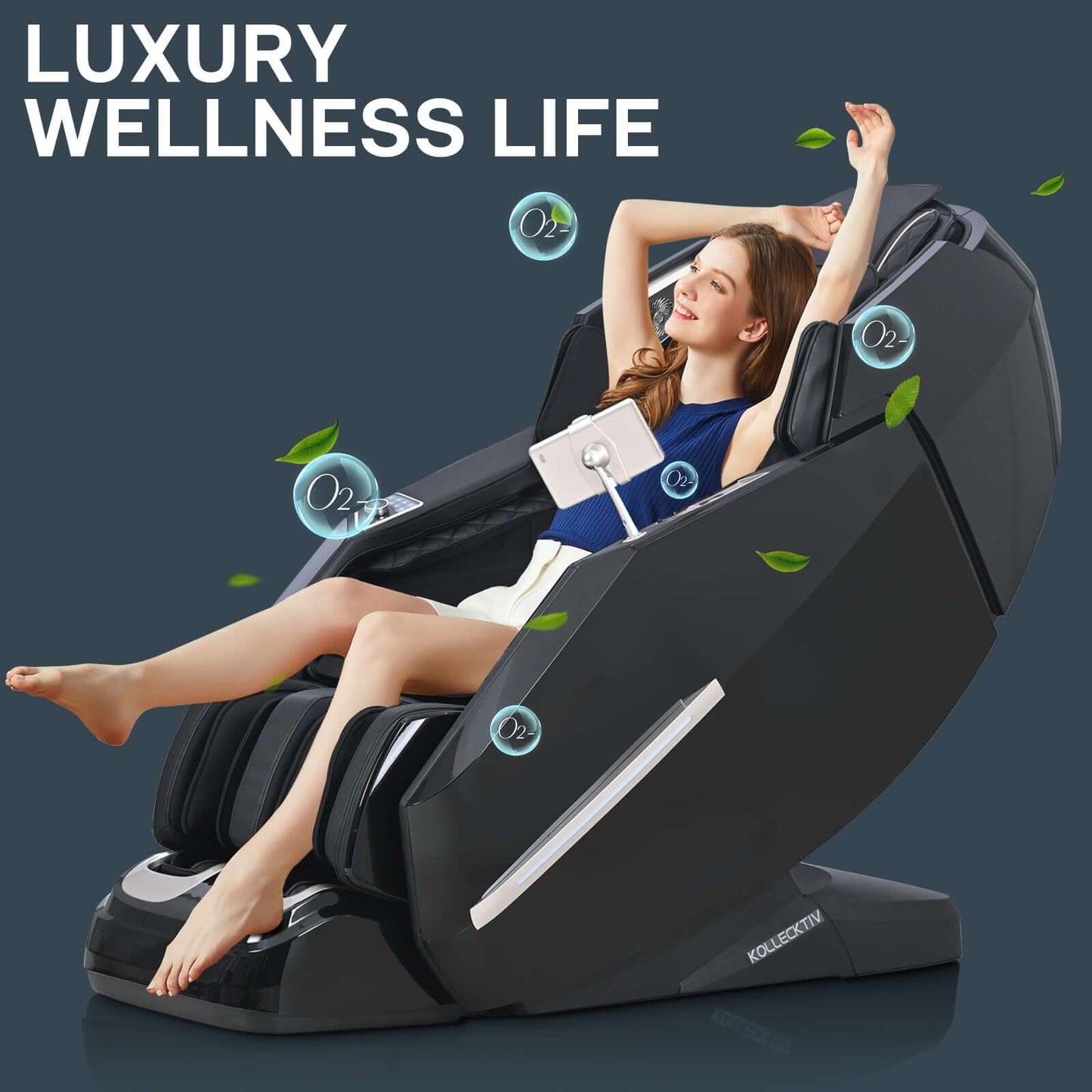 Kollecktiv 301 Luxury Massage Chair showcasing a woman enjoying full-body relaxation with advanced wellness features.