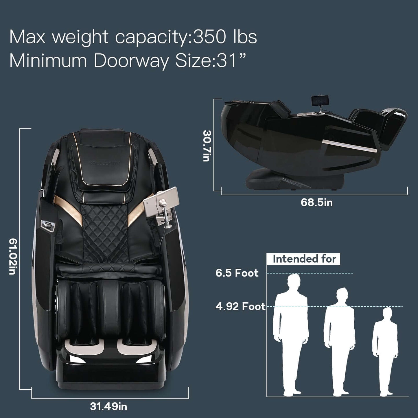 Kollecktiv 301 Luxury 4D+5D Massage Chair dimensions and capacity with 350 lbs limit and 31" doorway requirement.