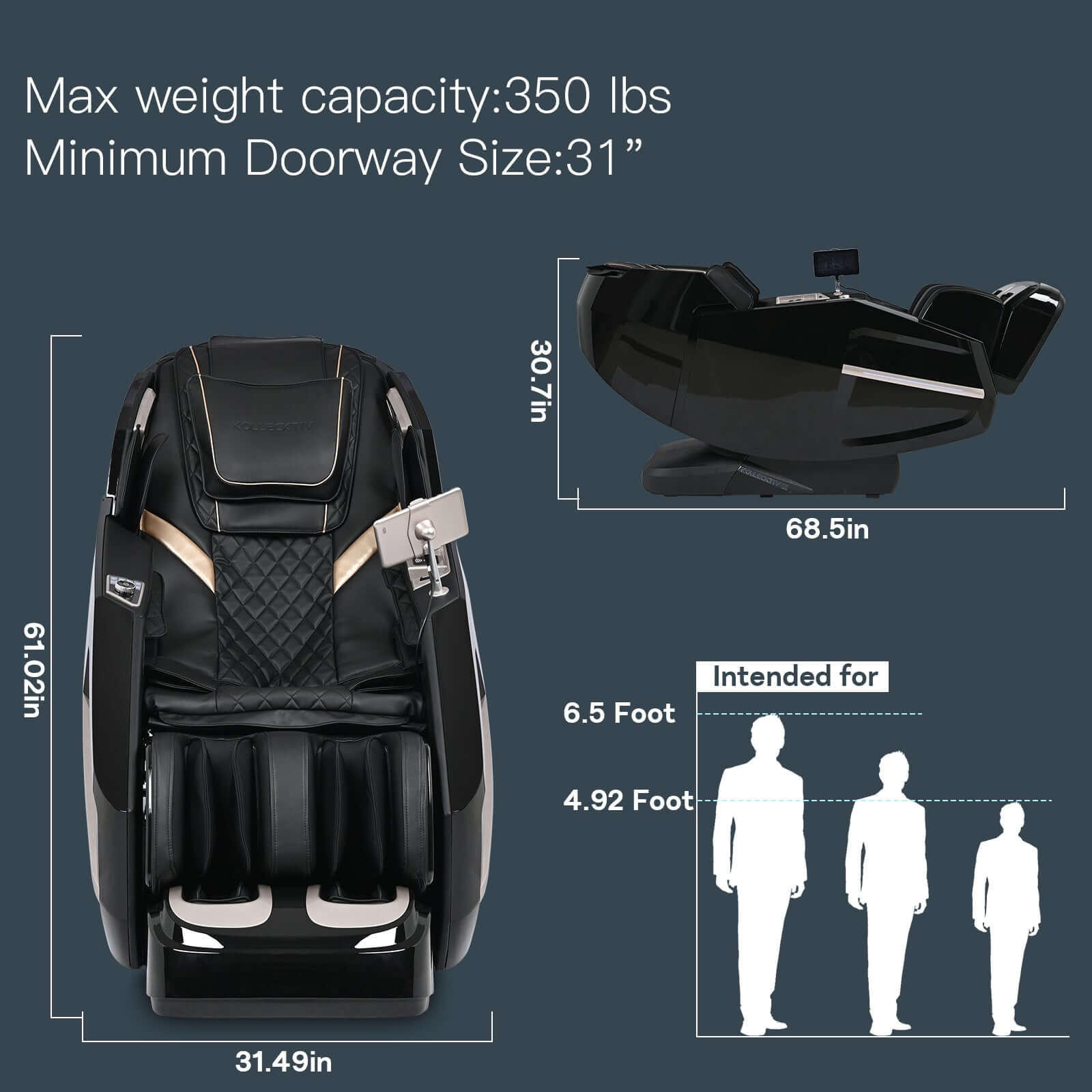 Kollecktiv 301 Luxury 4D+5D Massage Chair dimensions and capacity with 350 lbs limit and 31" doorway requirement.