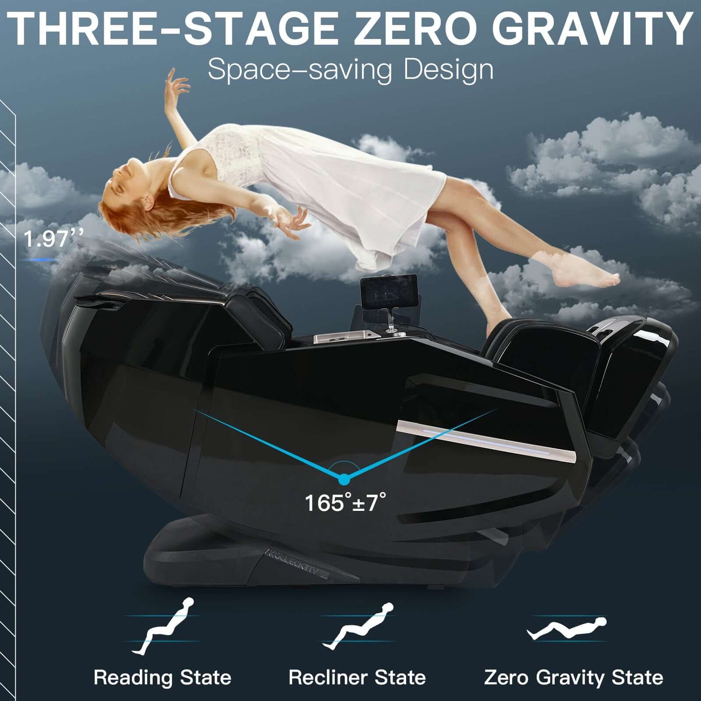 Kollecktiv 301 massage chair demonstrating three-stage zero gravity with a person reclining elegantly.