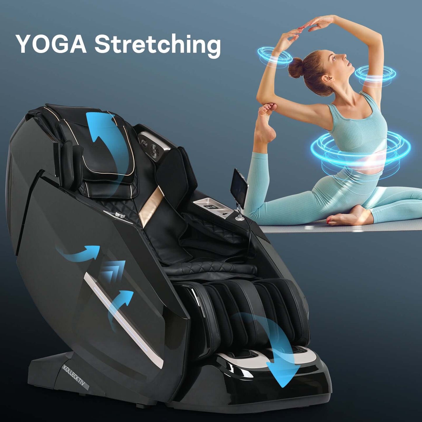 Kollecktiv 301 Luxury 4D+5D Massage Chair with yoga stretching feature for ultimate relaxation.
