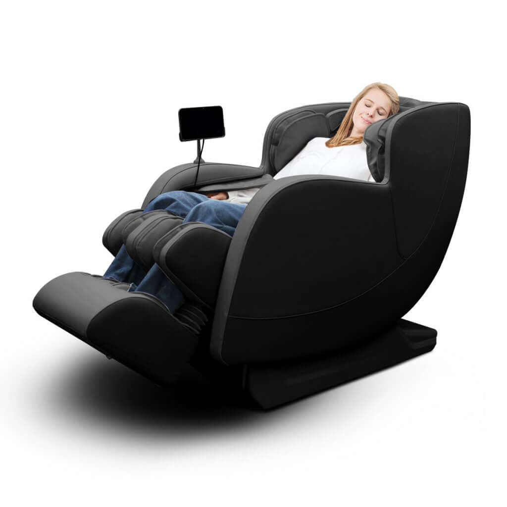 Young woman relaxing in the DIOS-6800 6D Massage Chair, enjoying deep tissue massage and comfort.