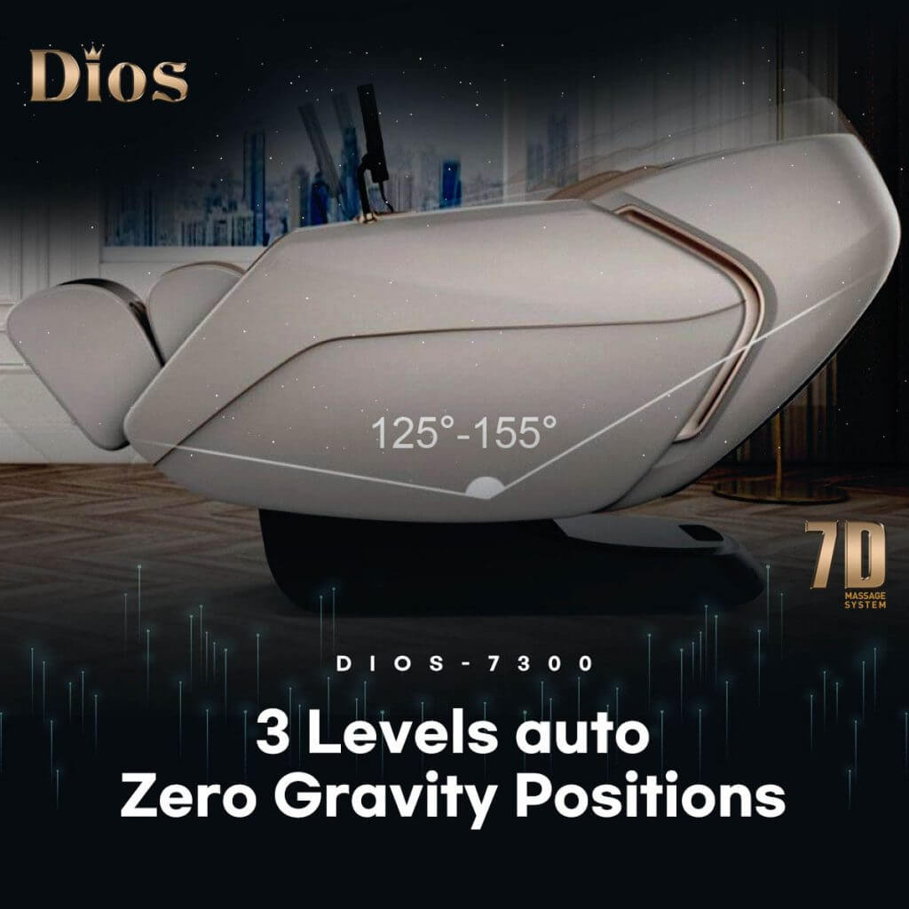 Dios-7300 Massage Chair showcasing 3 levels of auto Zero Gravity positions, enhancing relaxation and comfort.