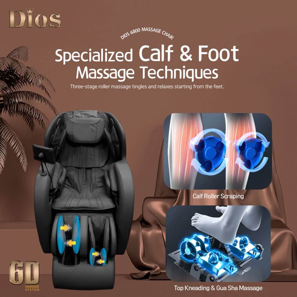 DIOS-6800 Massage Chair showcasing specialized calf and foot massage techniques for ultimate relaxation.