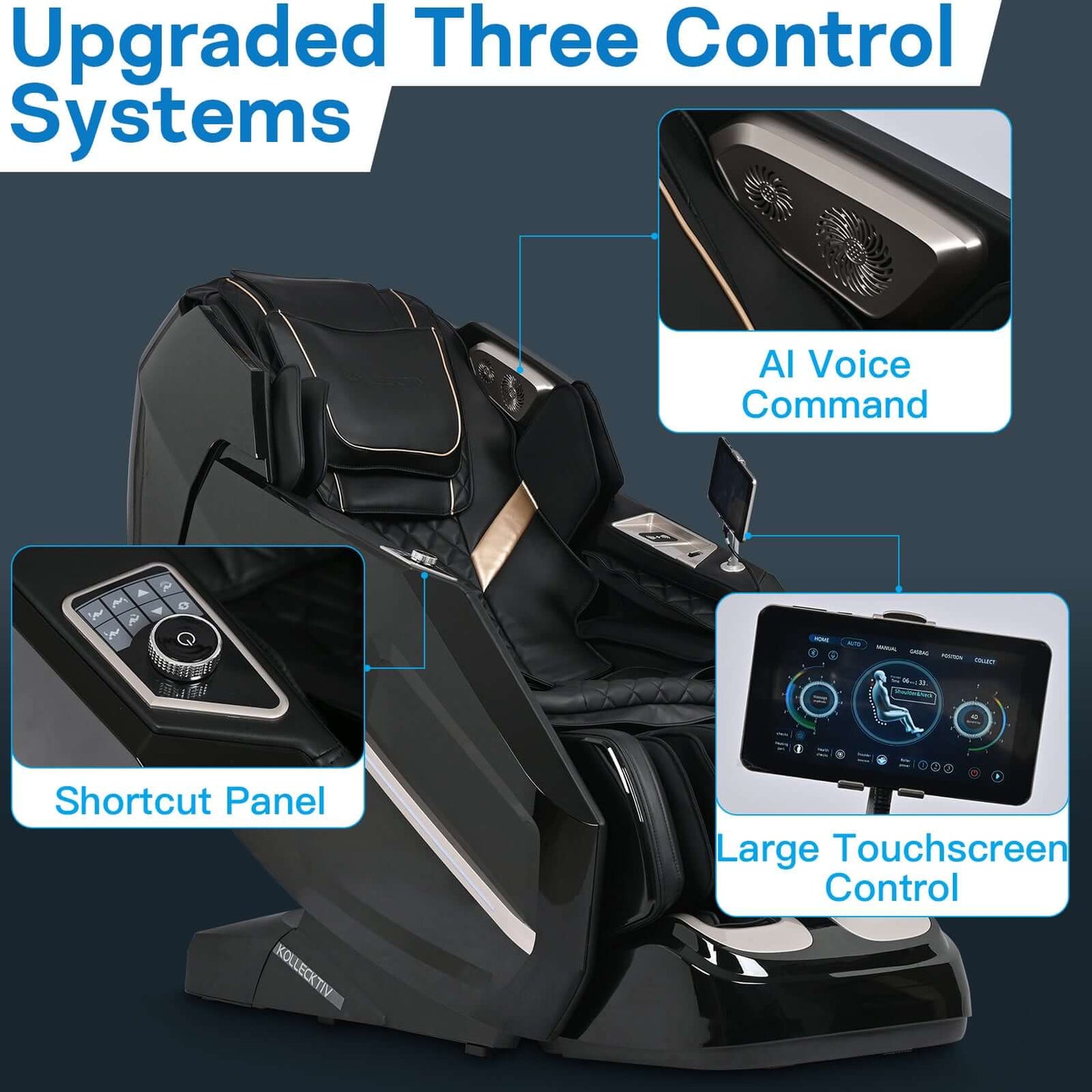 Kollecktiv 301 massage chair featuring upgraded three control systems: AI voice command, shortcut panel, and large touchscreen.
