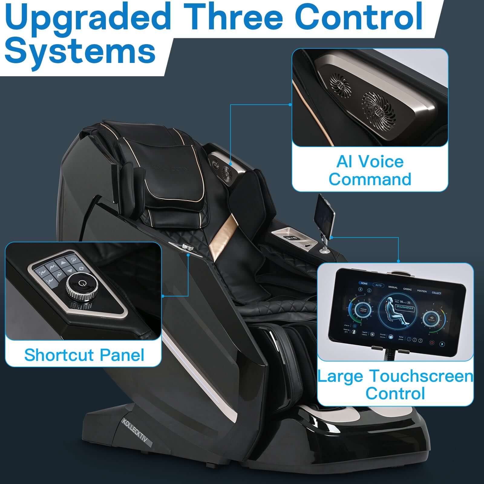 Kollecktiv 301 massage chair featuring upgraded three control systems: AI voice command, shortcut panel, and large touchscreen.