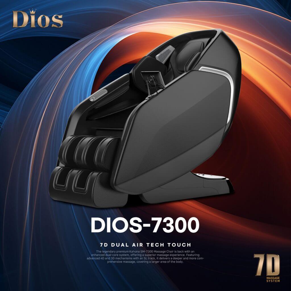 Dios-7300 Massage Chair showcasing 7D Dual Air Tech Touch for comprehensive body therapy and relaxation.
