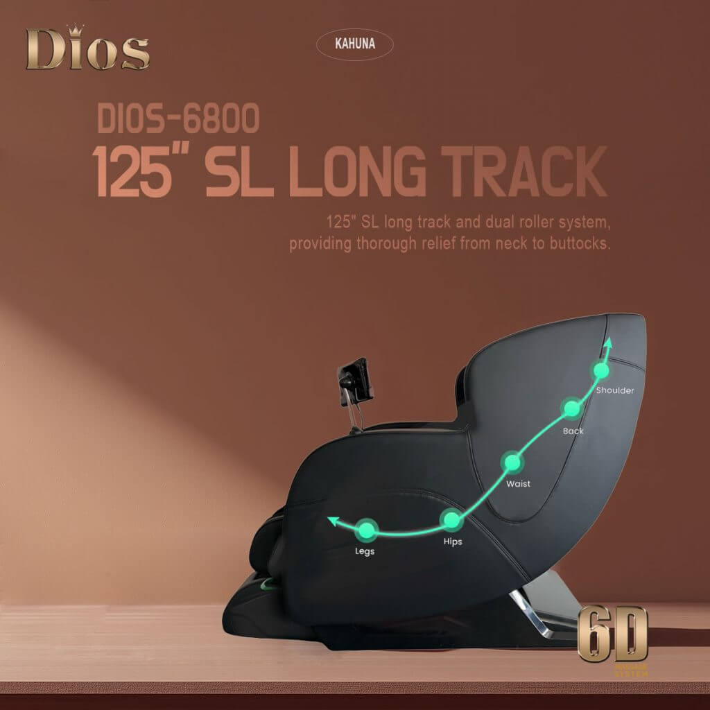 DIOS-6800 Massage Chair features 125" SL long track and dual roller system for neck to buttocks relief.