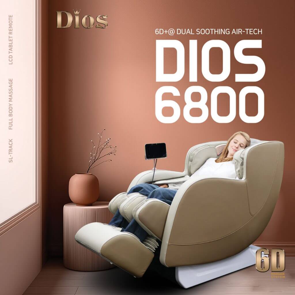 DIOS-6800 6D Massage Chair featuring dual air rollers and SL-Track for full body relaxation.