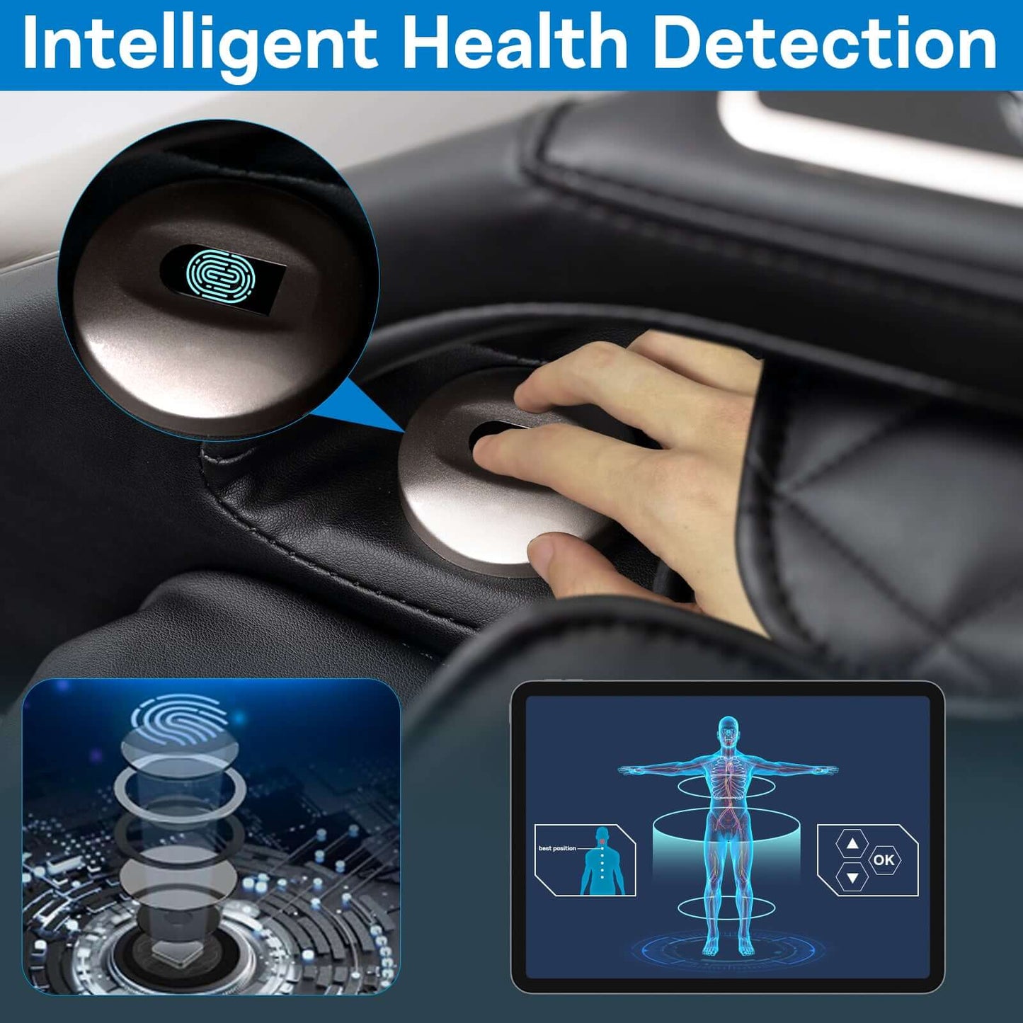 Close-up of Kollecktiv 301 massage chair's intelligent health detection sensor and visual health interface.