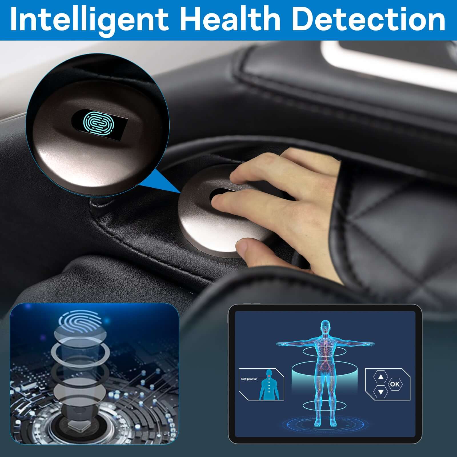 Close-up of Kollecktiv 301 massage chair's intelligent health detection sensor and visual health interface.