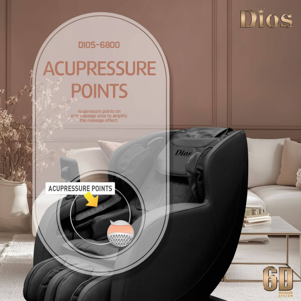 DIOS-6800 massage chair highlighting acupressure points for enhanced relaxation and comfort.