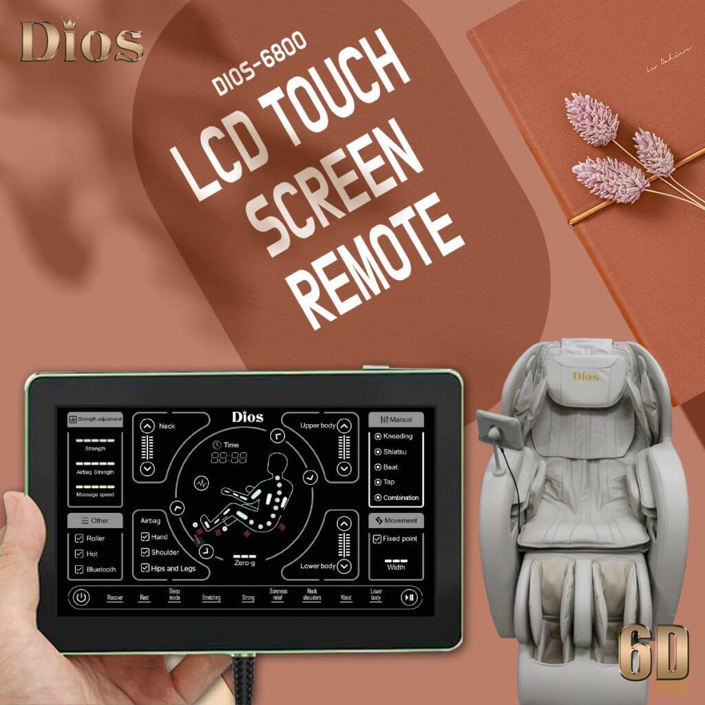 DIOS-6800 massage chair LCD touch screen remote control for personalized relaxation settings.
