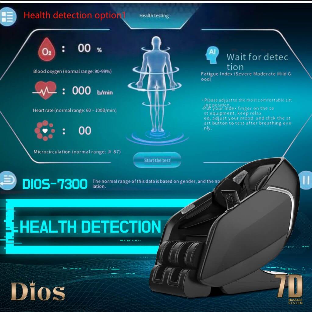 Dios-7300 massage chair with health detection screen showing vital stats and air roller technology.