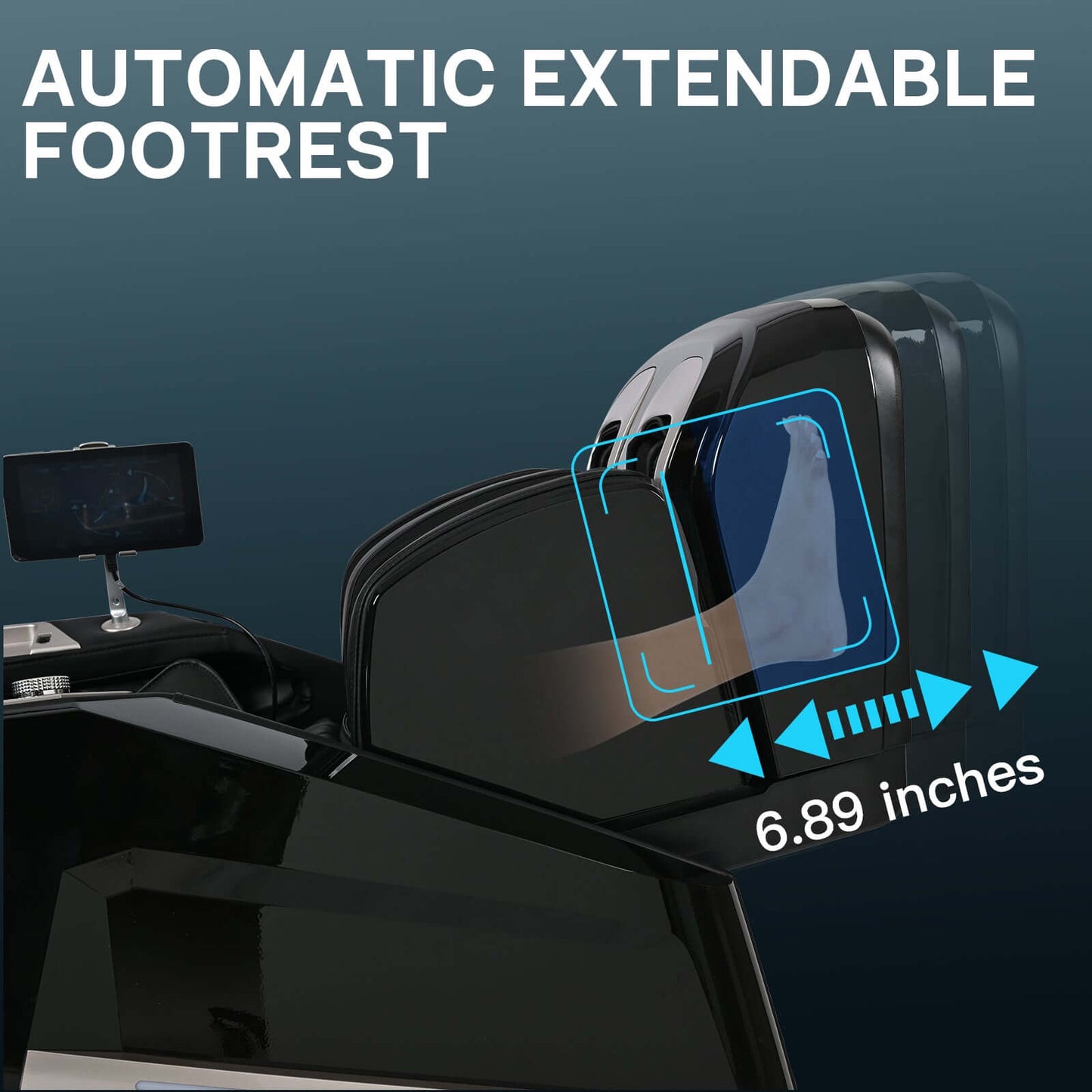 Kollecktiv 301 massage chair featuring automatic extendable footrest with a 6.89 inches adjustment for ultimate comfort.