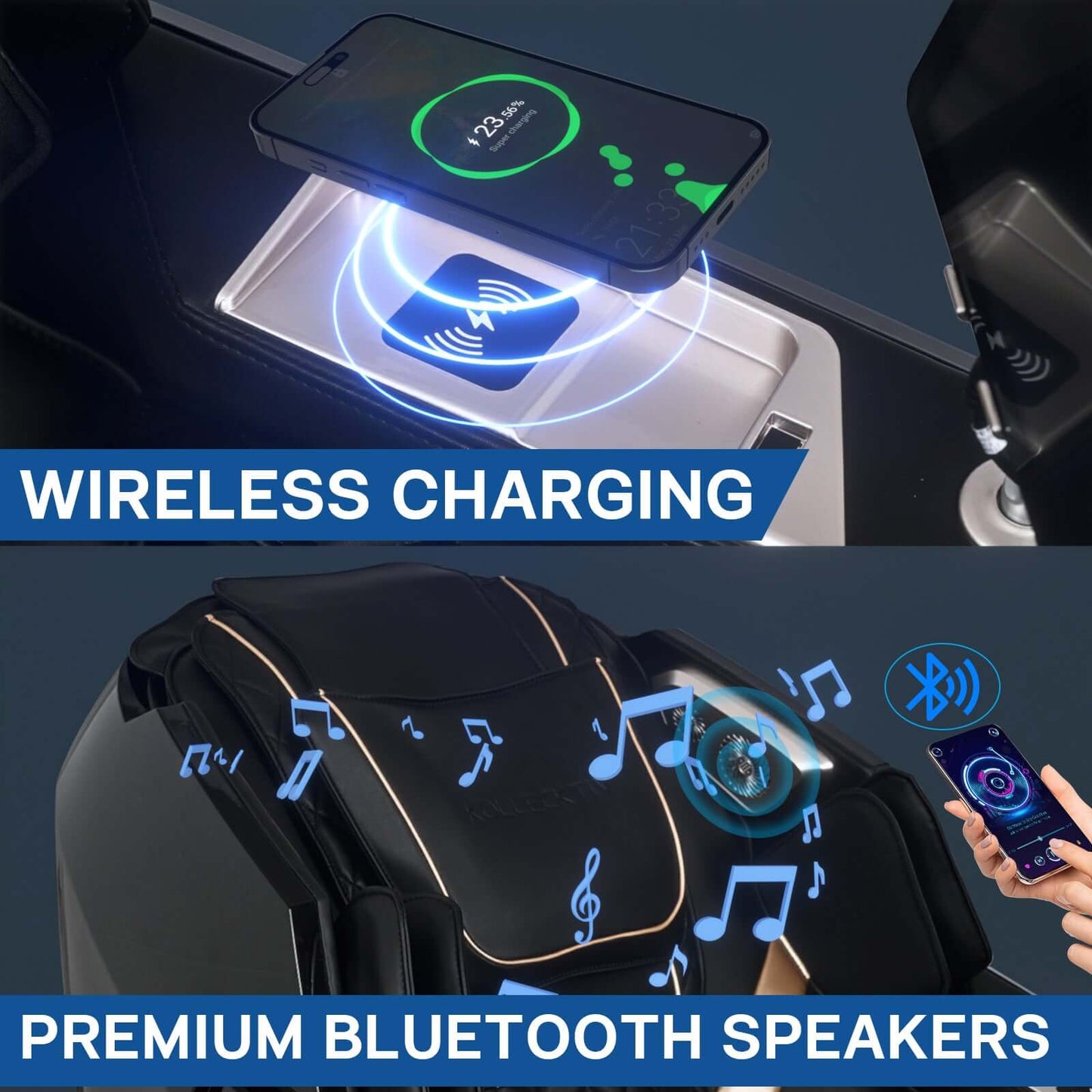Kollecktiv 301 massage chair features wireless charging and premium Bluetooth speakers for enhanced relaxation.