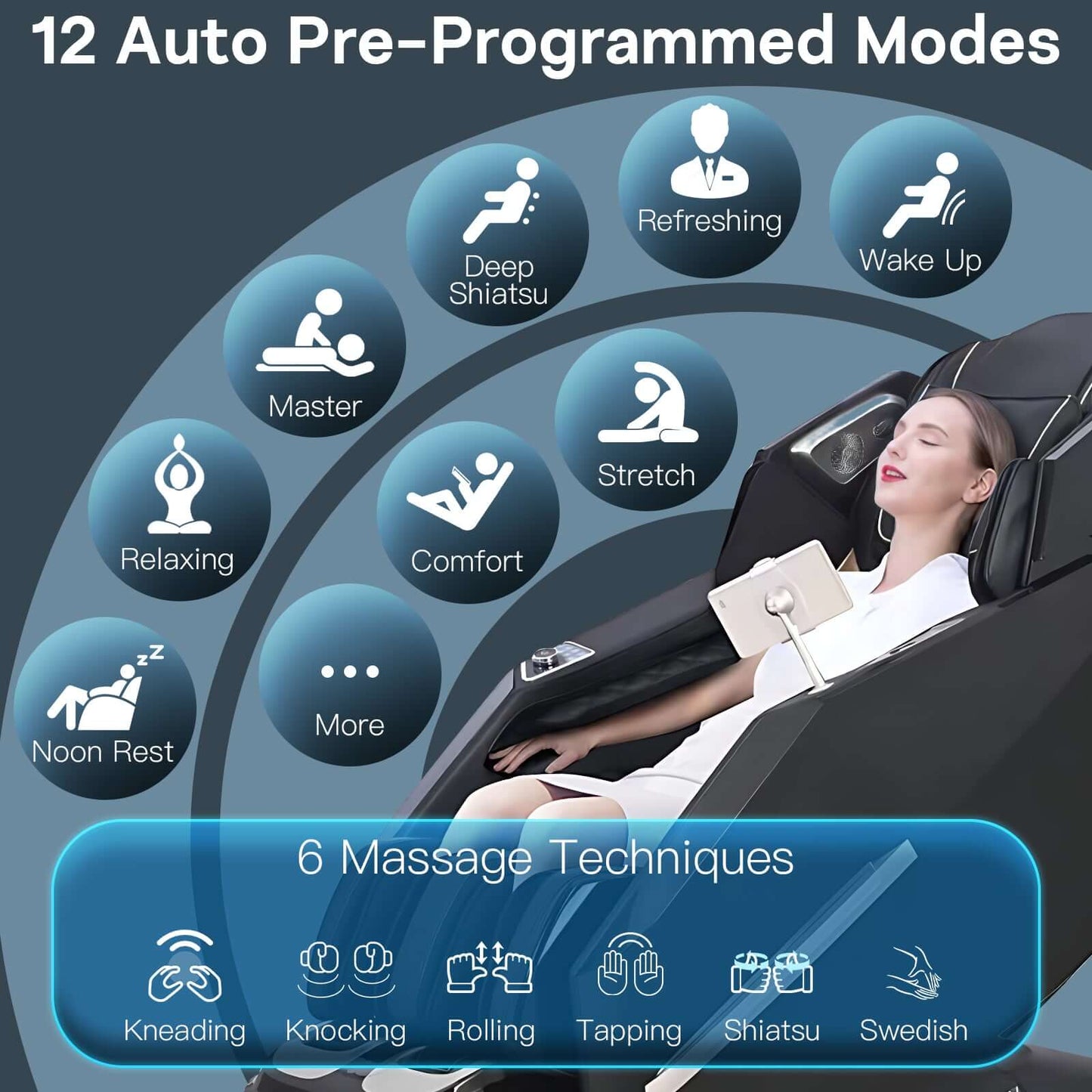 Diagram showing 12 pre-programmed modes and 6 massage techniques of Kollecktiv 301 massage chair.