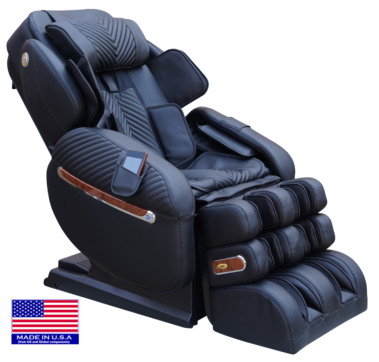 Luraco iRobotics 9 Max Plus massage chair with patented split L-track and powered armrests, made in USA.