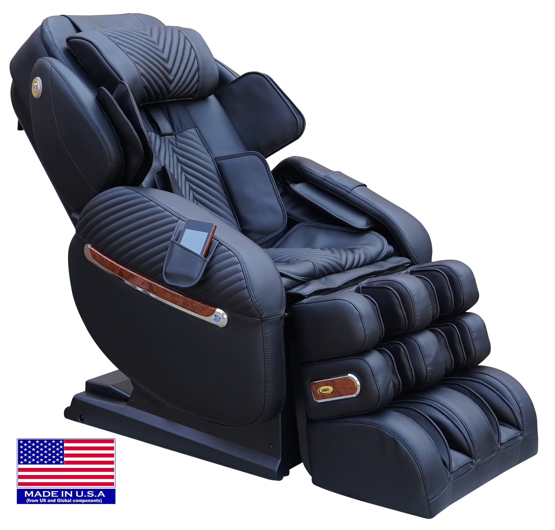 Luraco iRobotics 9 Max Plus massage chair with patented split L-track and powered armrests, made in USA.