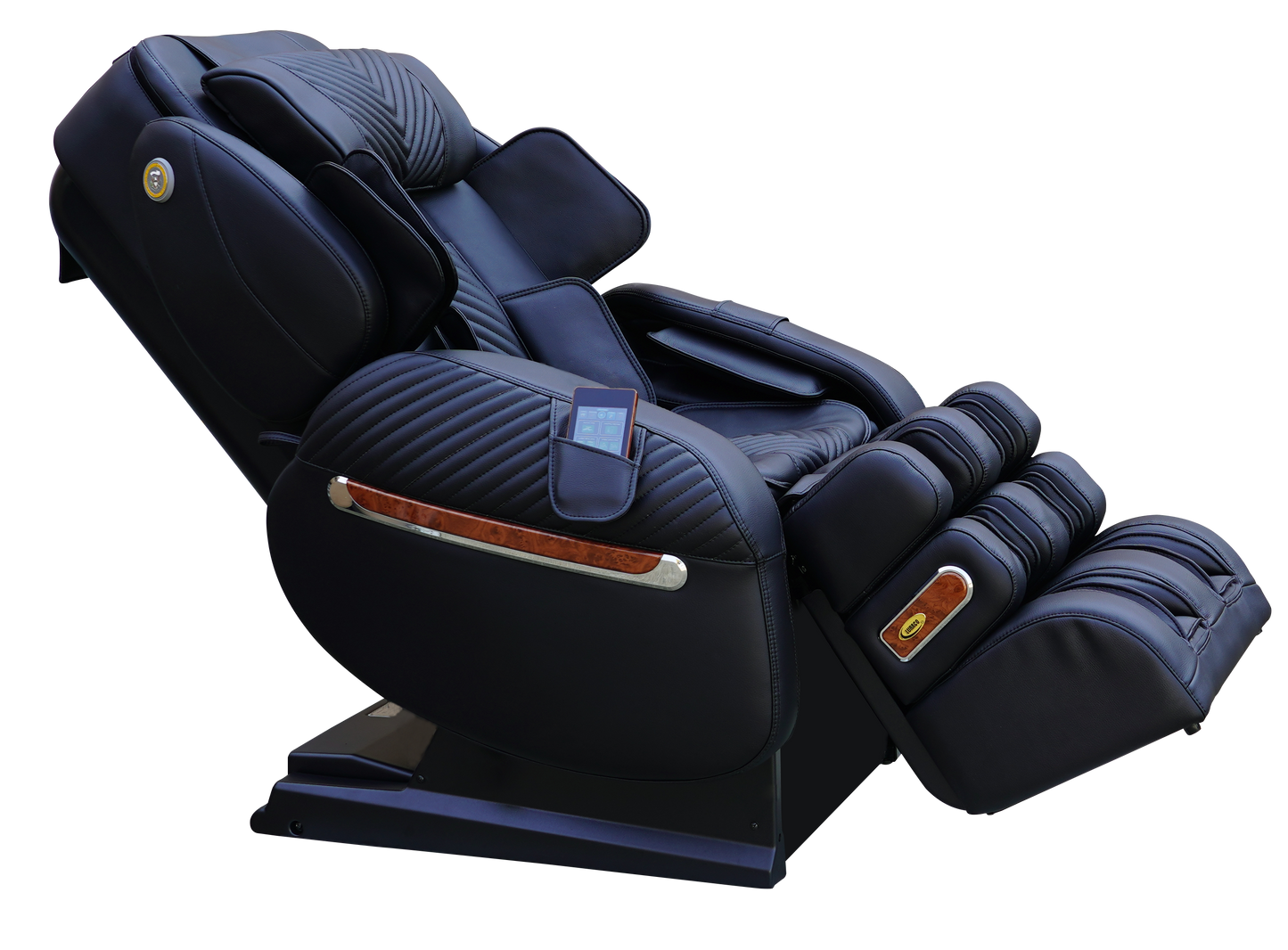 Luraco iRobotics 9 Max Plus massage chair showcasing innovative design and features in black leather.