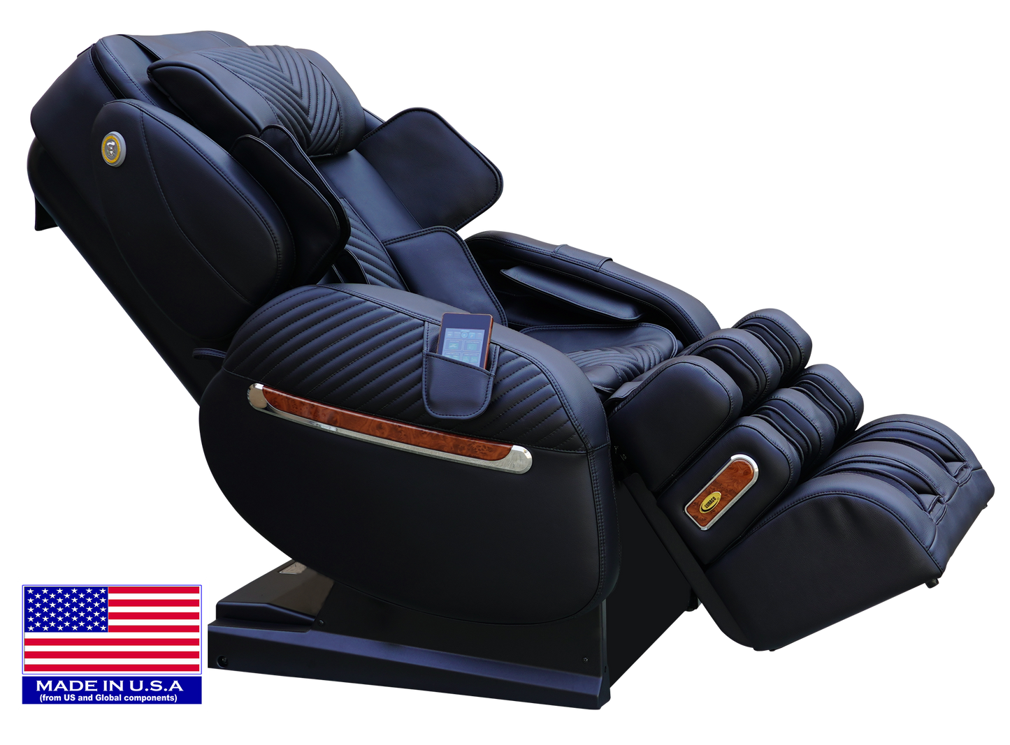 Luraco iRobotics 9 Max Plus massage chair in black, featuring patented split L-track for superior comfort.