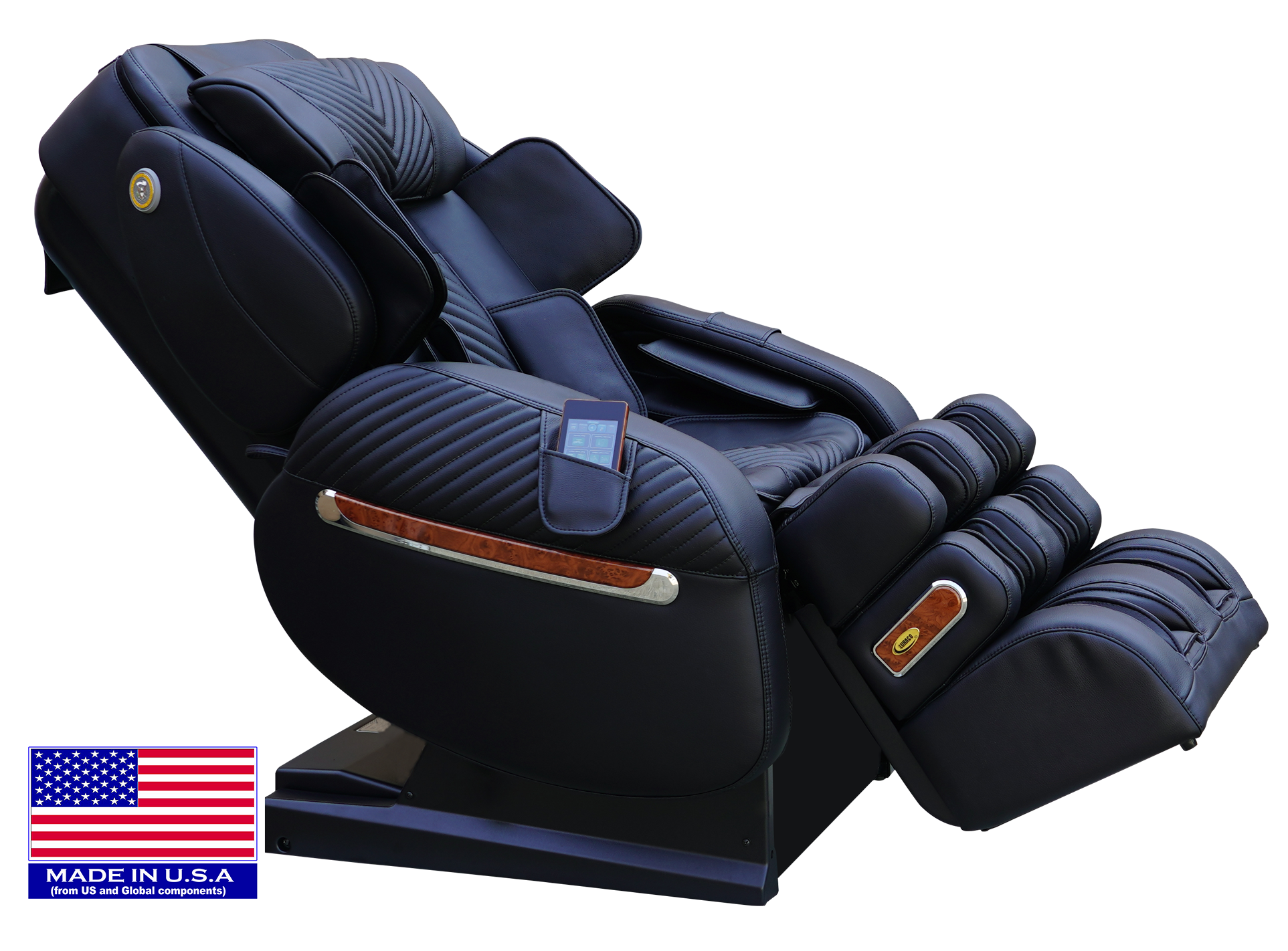 Luraco iRobotics 9 Max Plus massage chair in black, featuring patented split L-track for superior comfort.