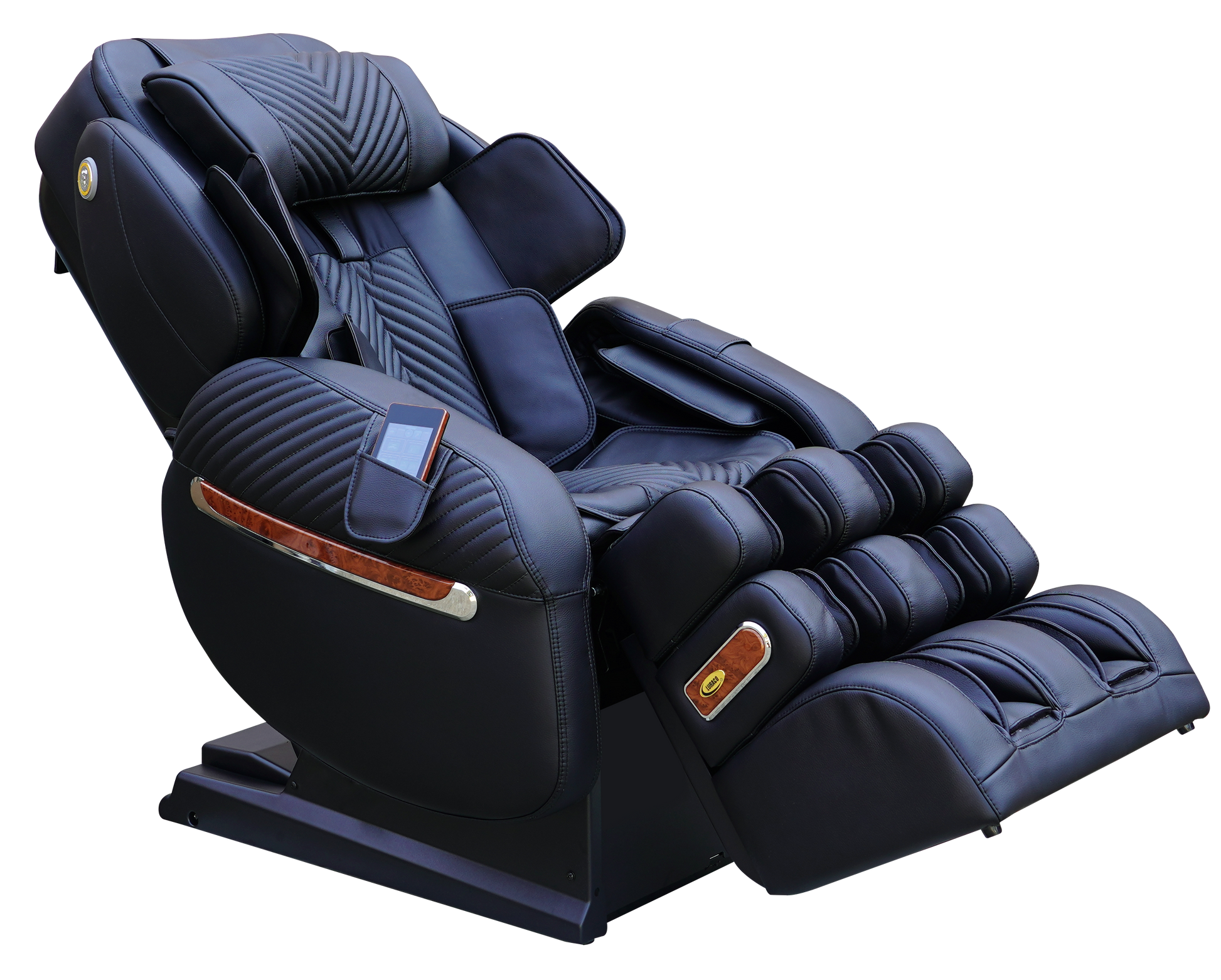Luraco iRobotics 9 Max Plus massage chair in black with adjustable features and powered armrests.