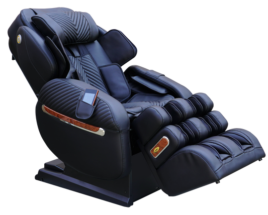 Luraco iRobotics 9 Max Plus massage chair in black with adjustable features and powered armrests.