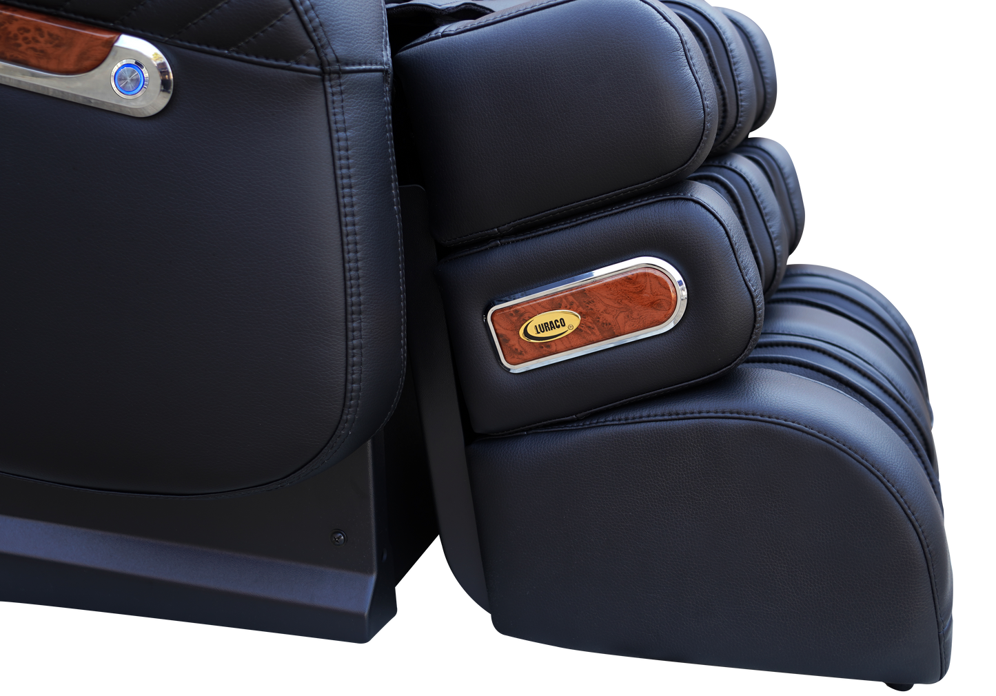 Close-up of Luraco iRobotics 9 Max Plus black leather massage chair with wooden accents.