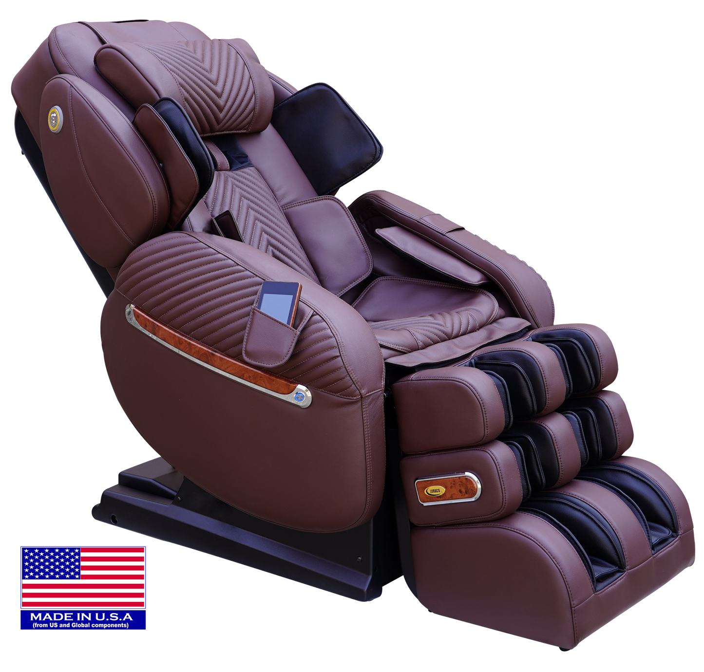 Luraco iRobotics 9 Max Plus massage chair, featuring SPLIT L-TRACK design and powered armrests, made in the USA.