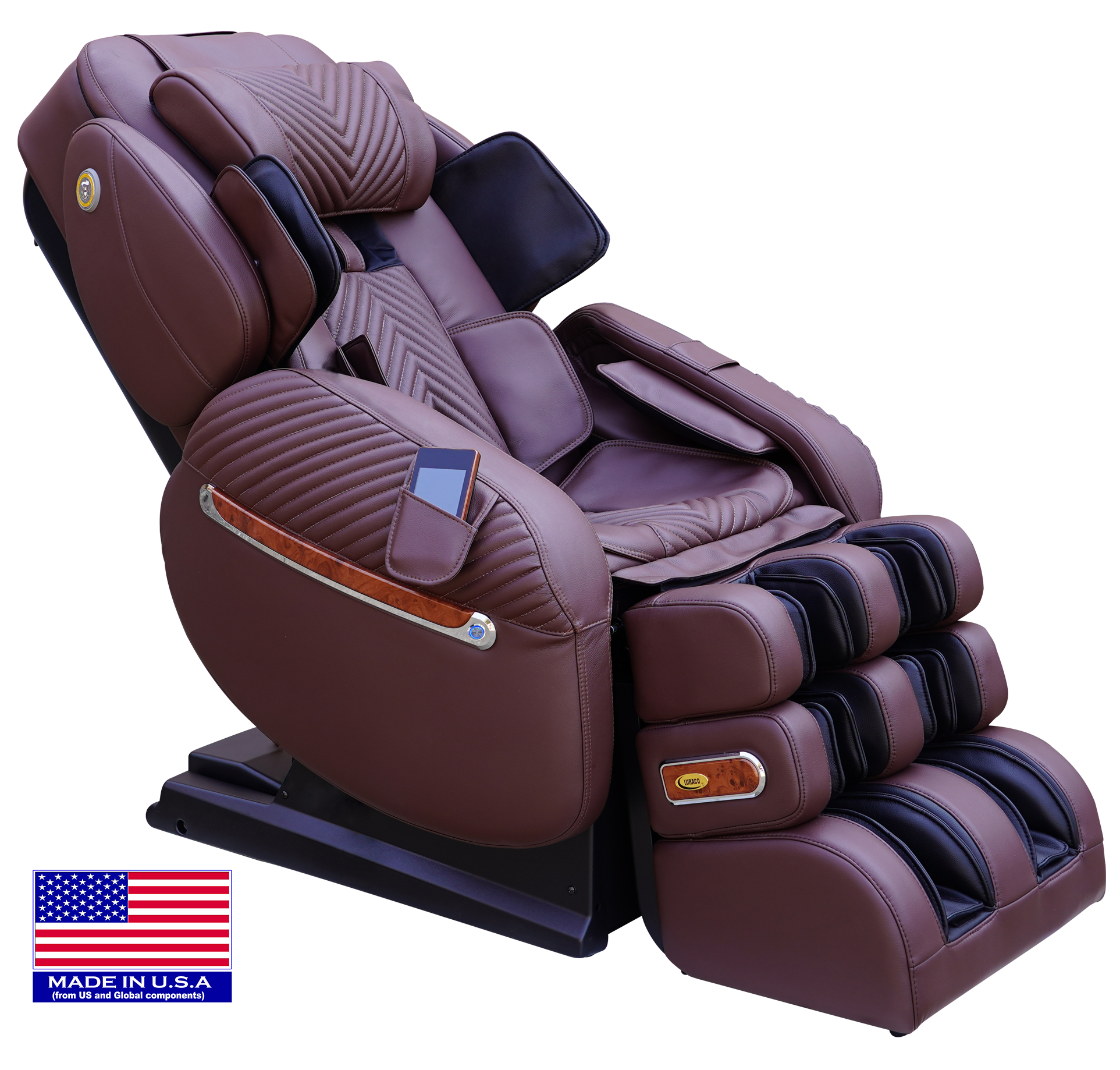 Luraco iRobotics 9 Max Plus massage chair, featuring SPLIT L-TRACK design and powered armrests, made in the USA.