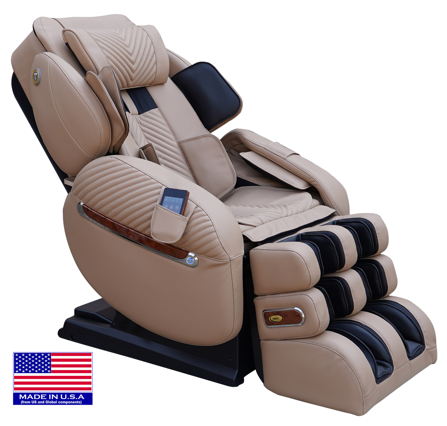 Luraco iRobotics 9 Max Plus massage chair with split L-track and powered armrests, made in USA.