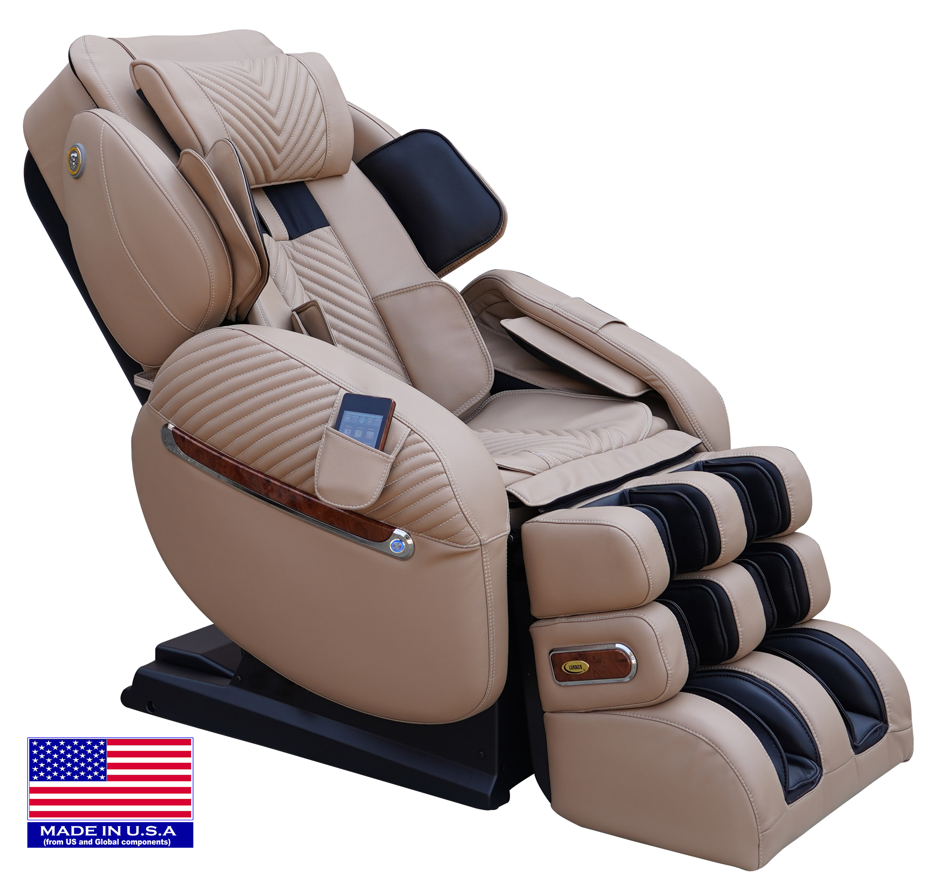 Luraco iRobotics 9 Max Plus massage chair with split L-track and powered armrests, made in USA.