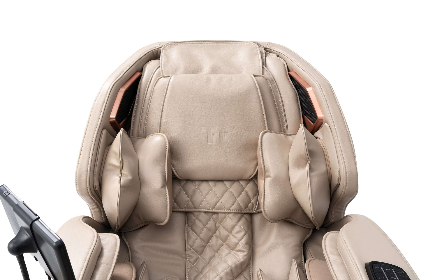 Close-up of TRU Symphony Plus 4D massage chair, showcasing comfortable design and airbags for ultimate relaxation.