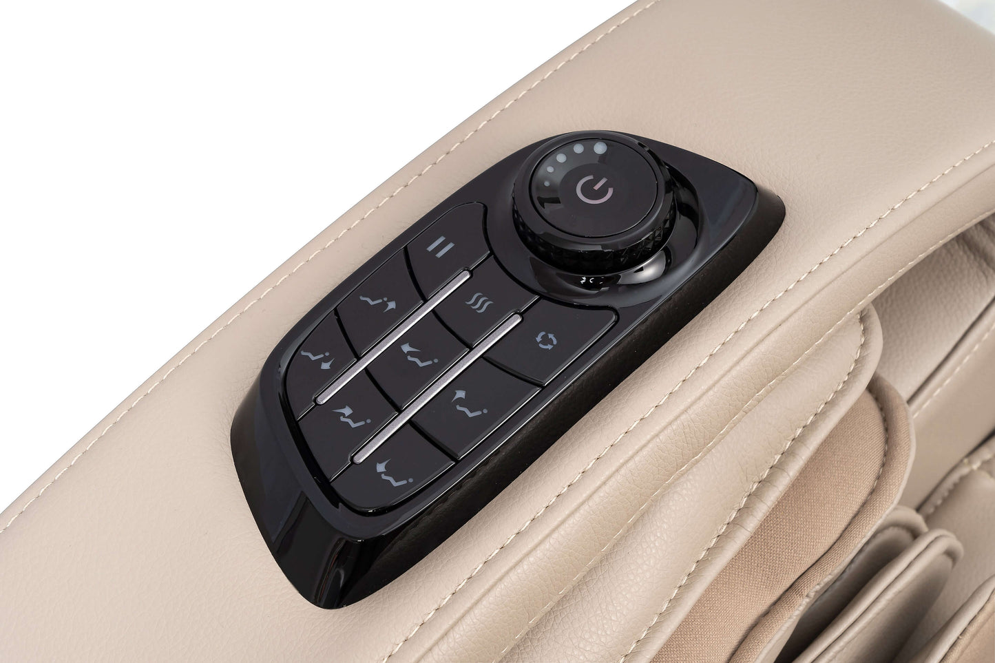 Control panel of the TRU Symphony Plus 4D massage chair with buttons for customizable massage settings.