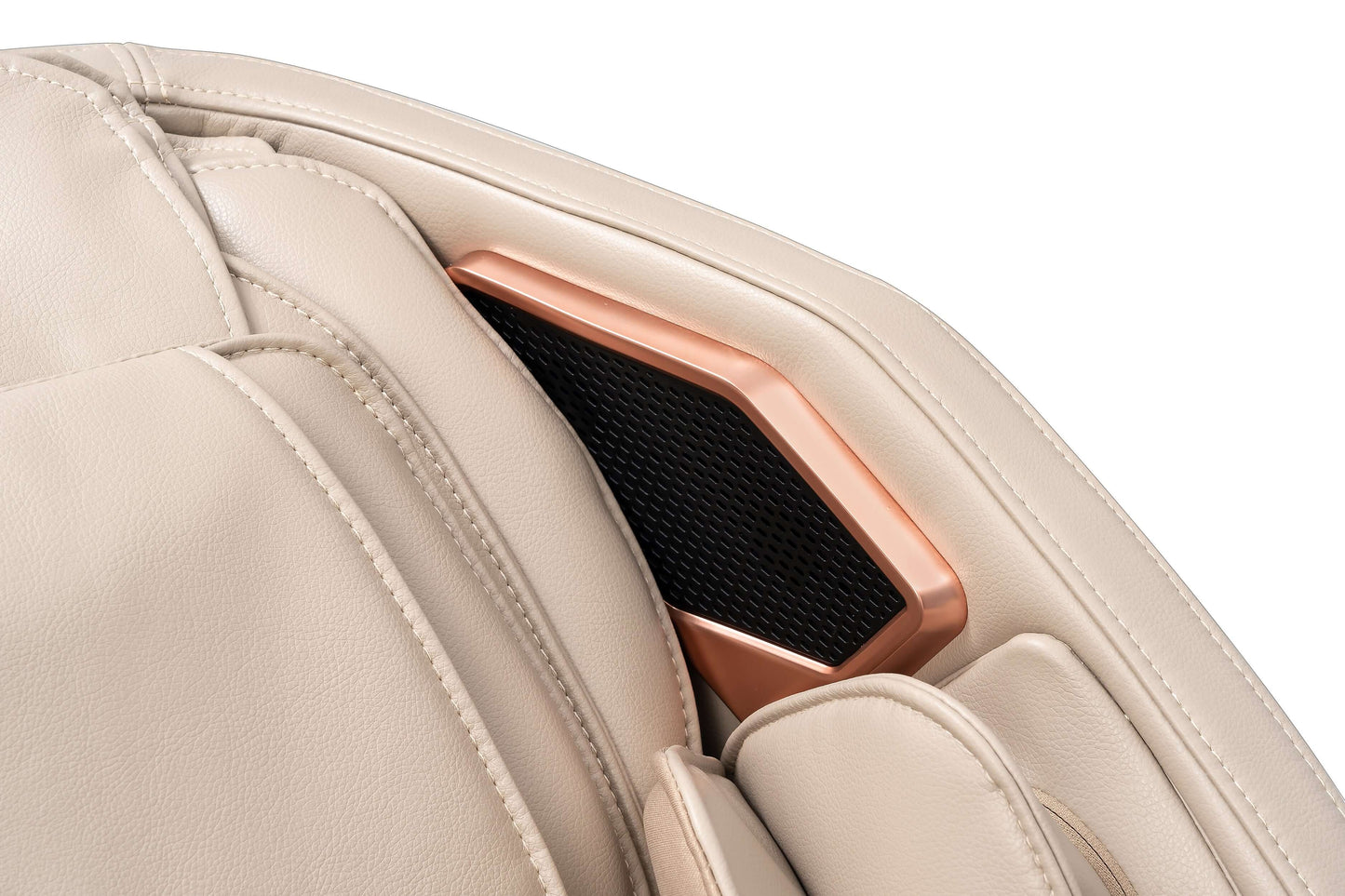 Close-up of the Tru Symphony Plus massage chair's elegant design with stylish copper accents.