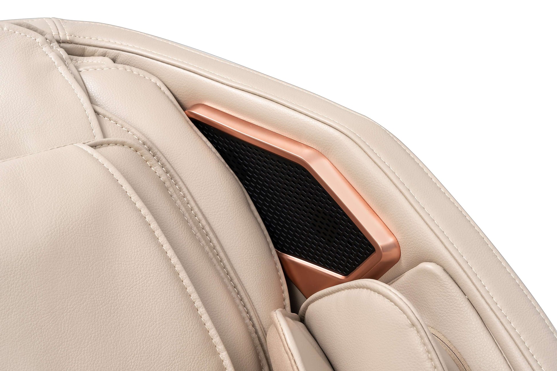 Close-up of the Tru Symphony Plus massage chair's elegant design with stylish copper accents.