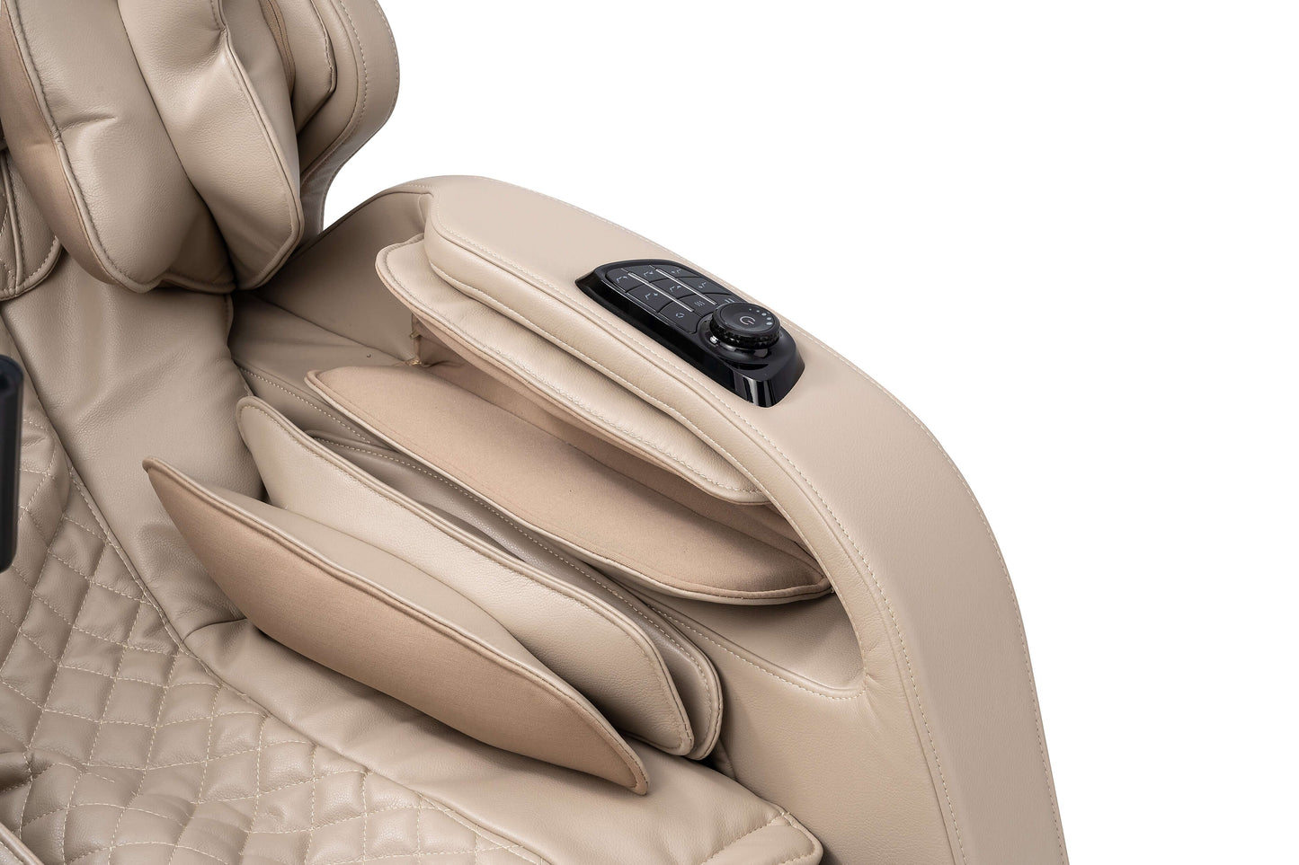 Detail of Tru Symphony Plus 4D massage chair showing airbags and control panel for customized relaxation.