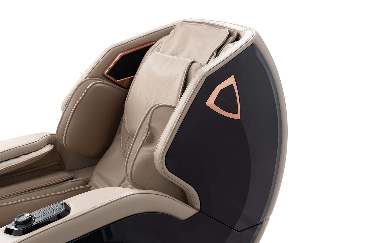 Close-up of the TRU Symphony Plus massage chair showcasing its sleek design and 4D massage technology features.