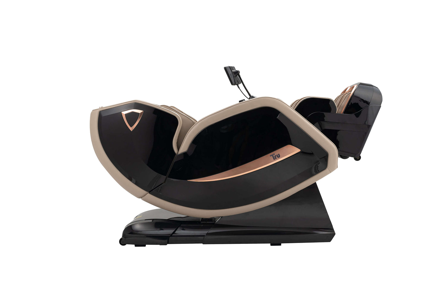 TRU Symphony Plus 4D massage chair in black and beige, showcasing SL-track design and advanced features.