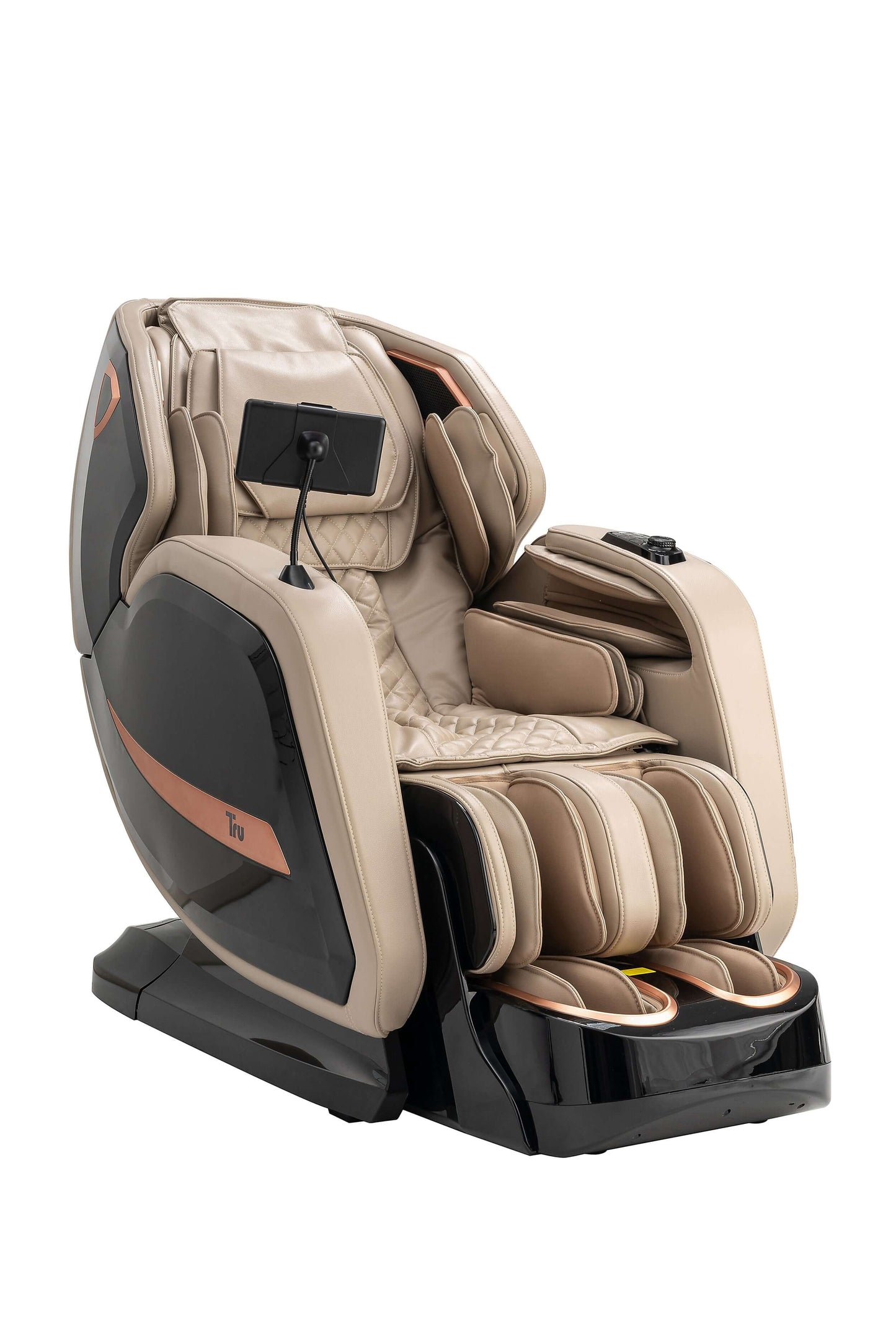 TRU Symphony Plus 4D Massage Chair in beige and black, showcasing a sleek design with multiple airbags for relaxation.