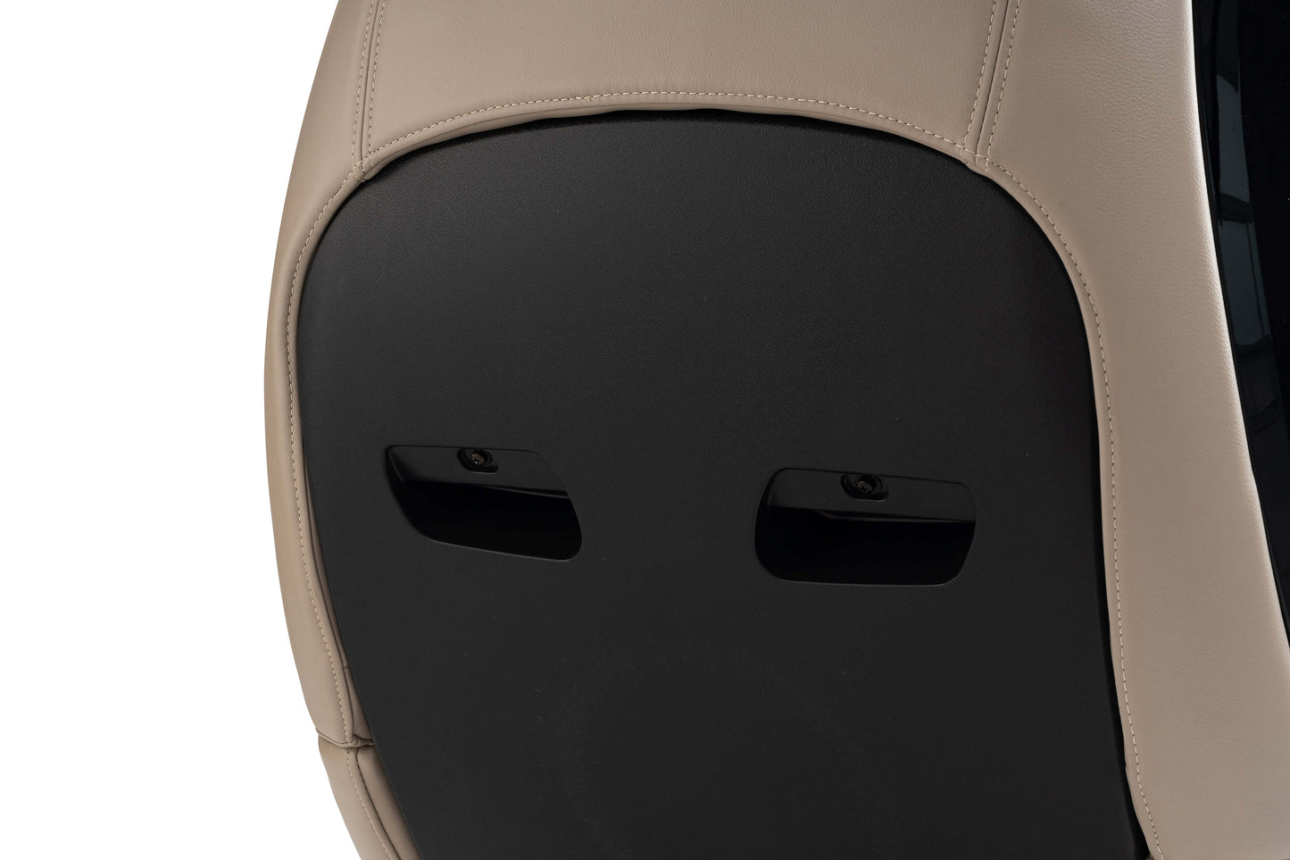 Close-up of the Tru Symphony Plus 4D massage chair backrest with sleek leather finish and air massage openings.