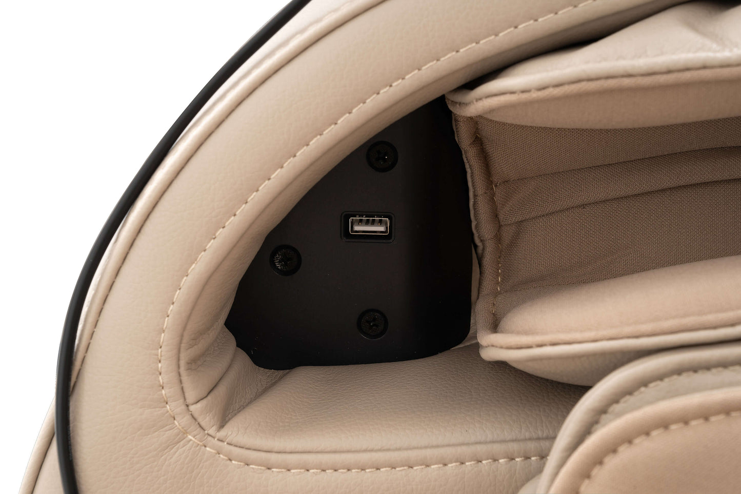 Detail of Tru Symphony Plus 4D Massage Chair showing USB port and leather upholstery.