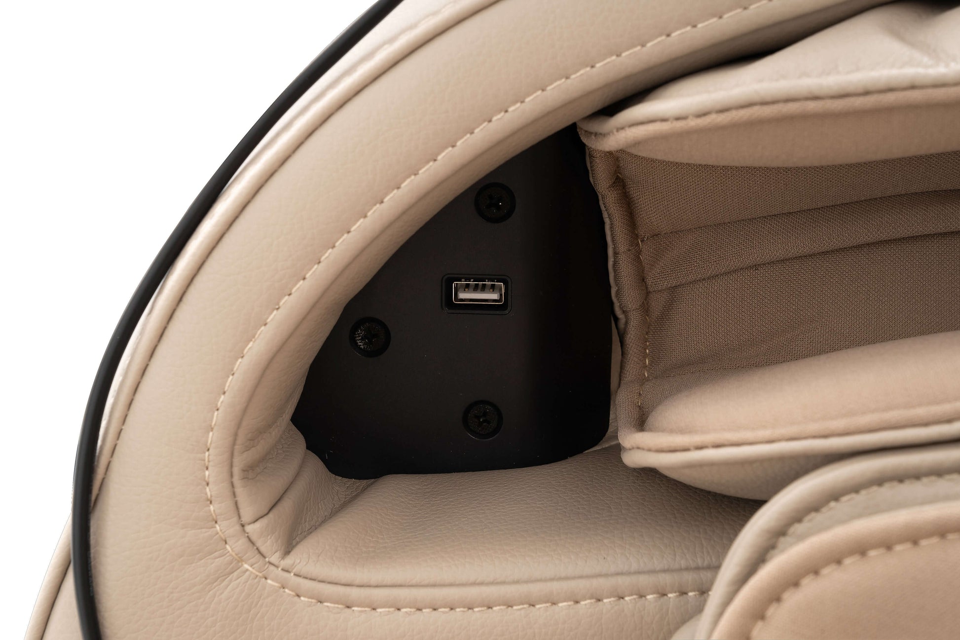 Detail of Tru Symphony Plus 4D Massage Chair showing USB port and leather upholstery.