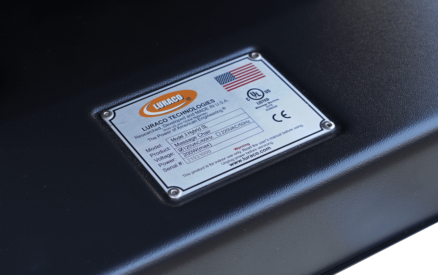 Luraco Model 3 Hybrid-SL specifications label on premium massage chair in USA.