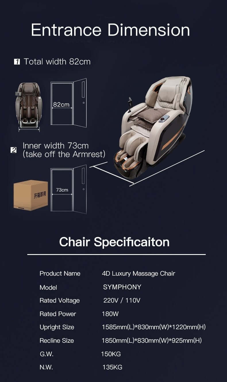 Dimensions and specifications for the Tru Symphony Plus 4D Massage Chair.