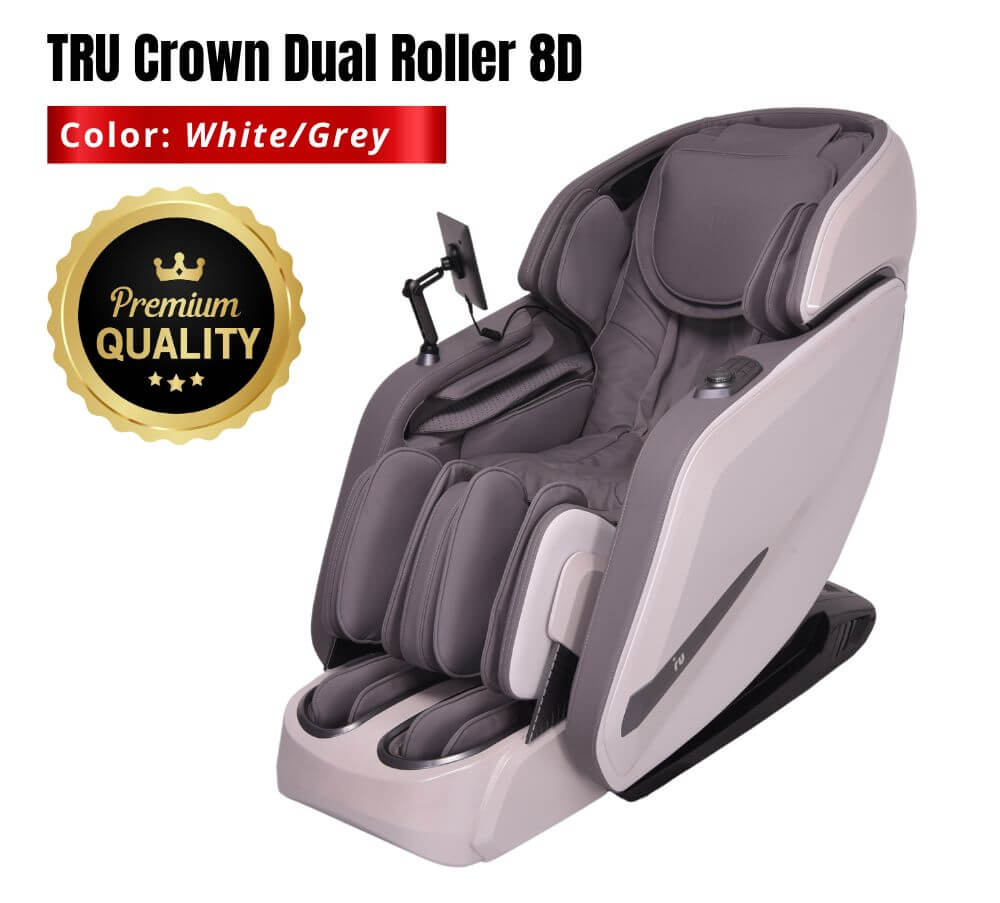 TRU Crown Dual Roller 8D massage chair in white and grey, featuring premium quality design for ultimate relaxation.