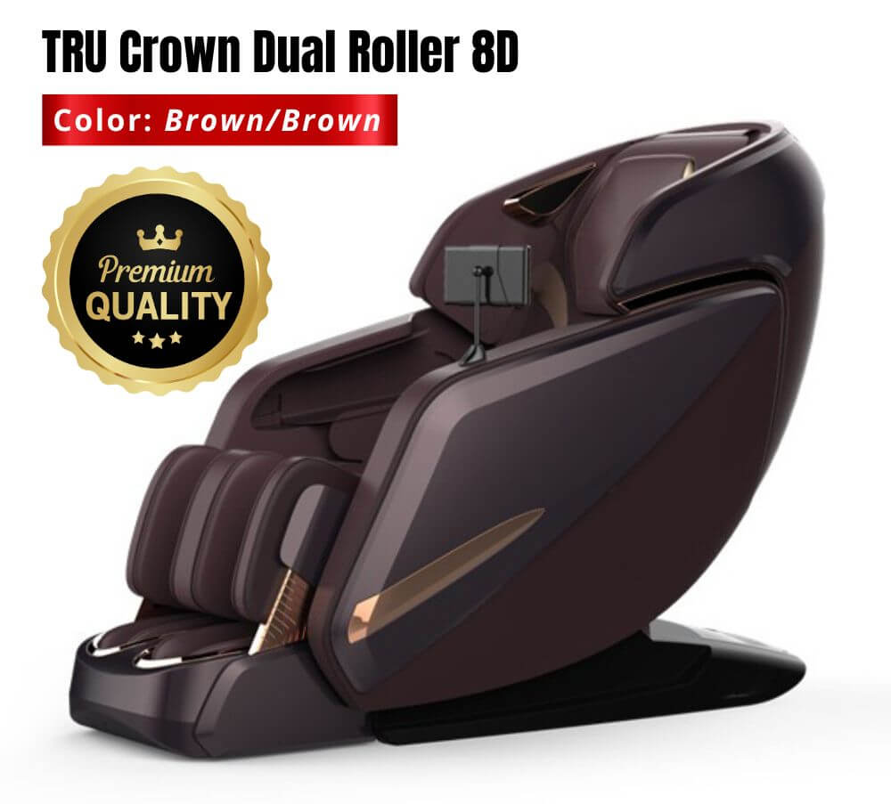 TRU Crown Dual Roller 8D massage chair in brown, featuring premium quality, dual rollers, and intelligent massage technology.