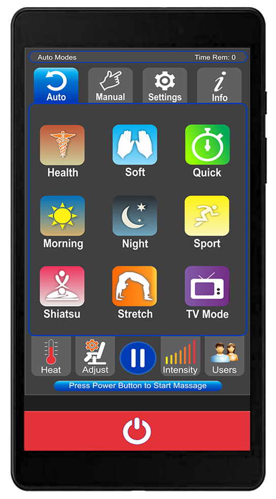 Remote control layout for Luraco iRobotics 9 Max Plus with various massage modes and settings.