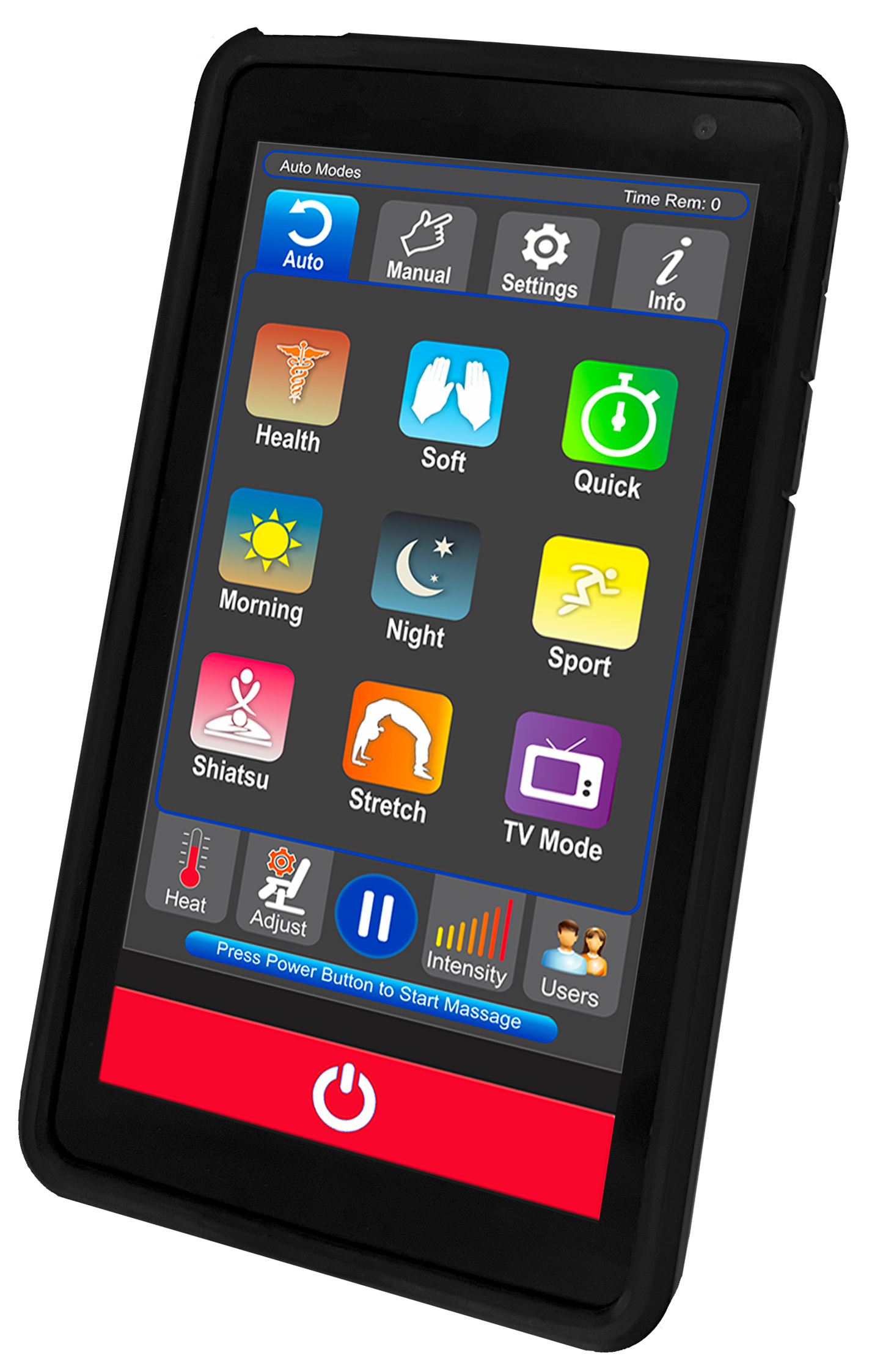 Touchscreen remote for Luraco iRobotics 9 Max Plus massage chair, showcasing various massage modes and settings.